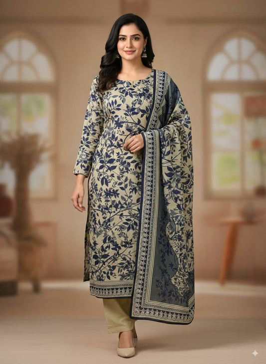 3Pc Linen Allover Unstitched Suit