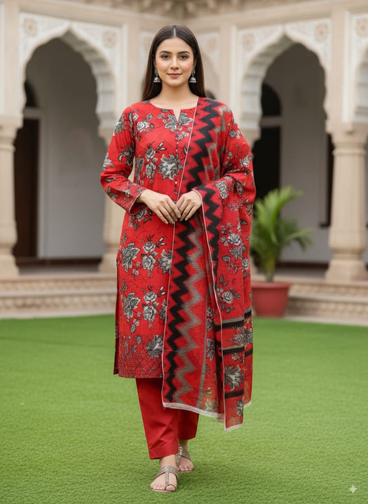 3Pc Linen Allover Unstitched Suit