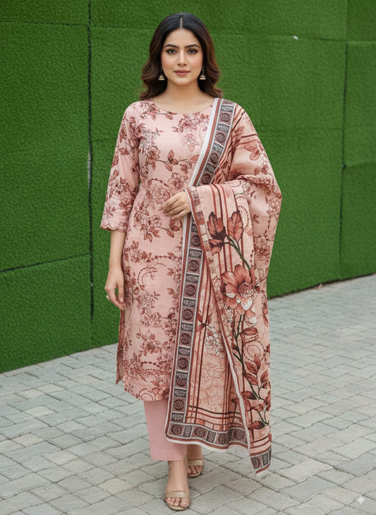 3Pc Linen Allover Unstitched Suit