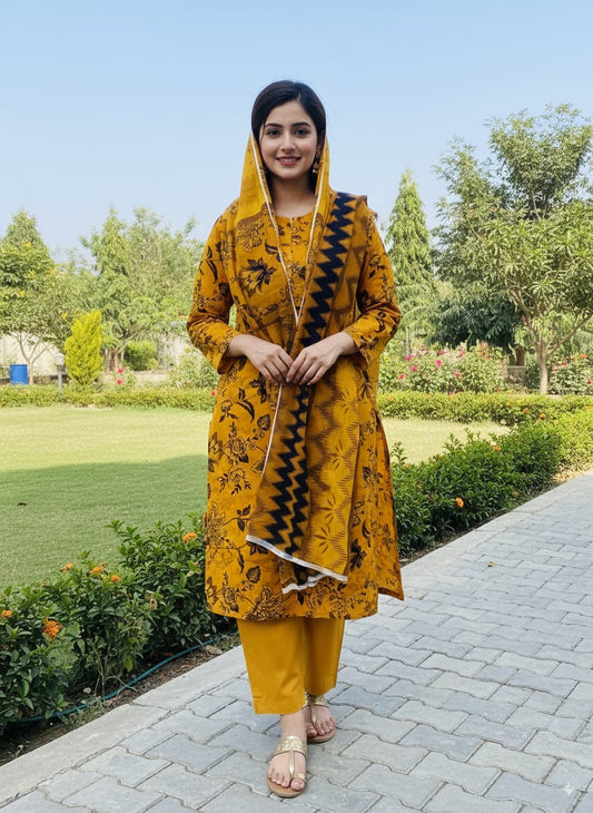 3Pc Linen Allover Unstitched Suit