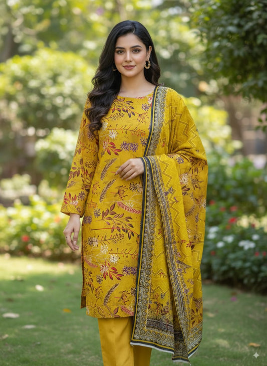 3Pc Linen Allover Unstitched Suit